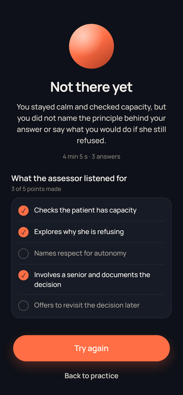 Clarity on iPhone: feedback showing which points the assessor listened for were covered.